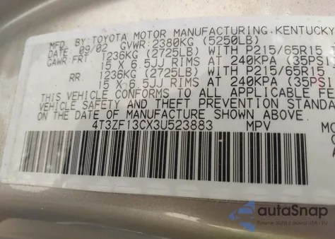 2003 Toyota Sienna Le из США, поврежденный, VIN 4T3ZF13CX3U523883